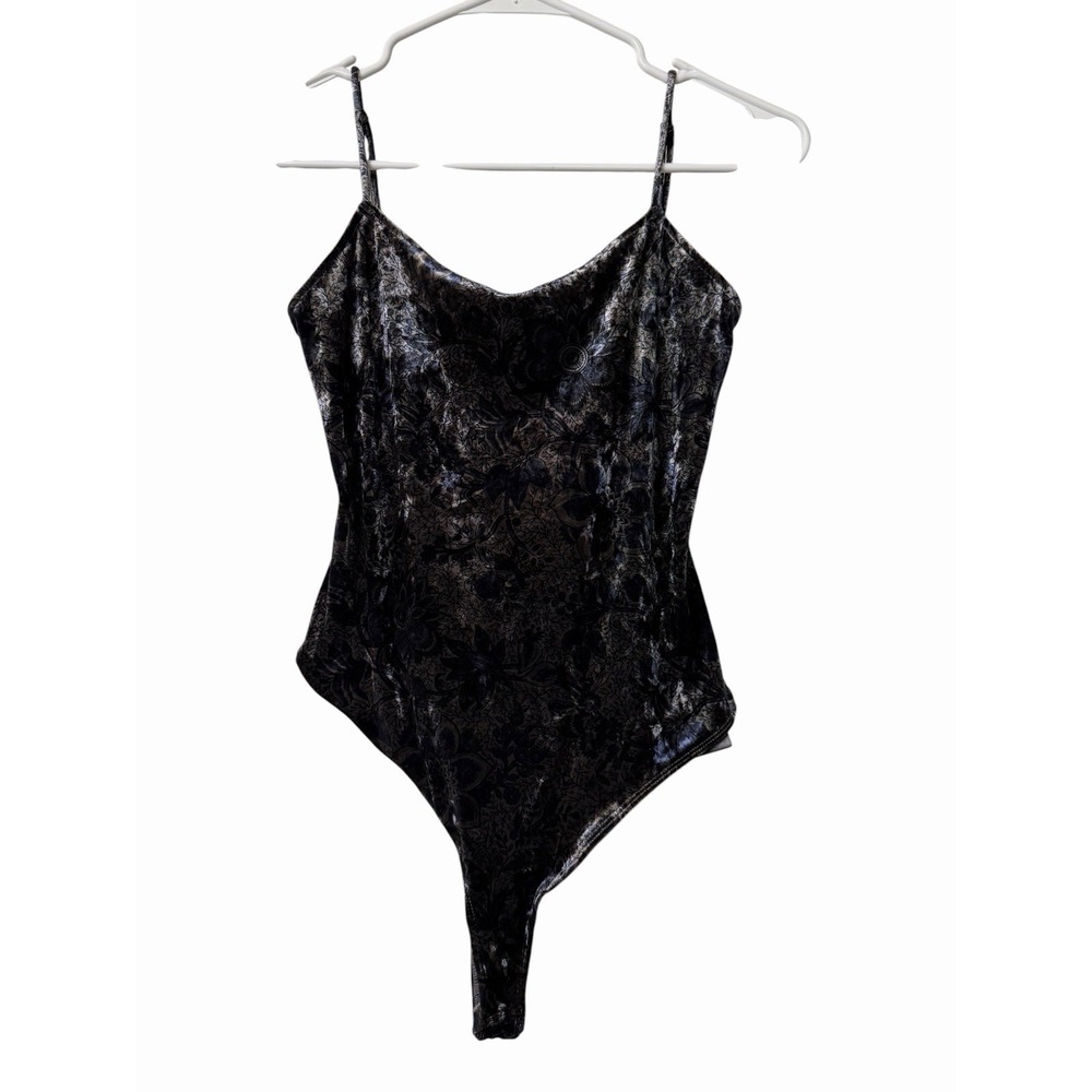 Guess Velvet Floral Bodysuit Black Silver Metallic Open Back Small